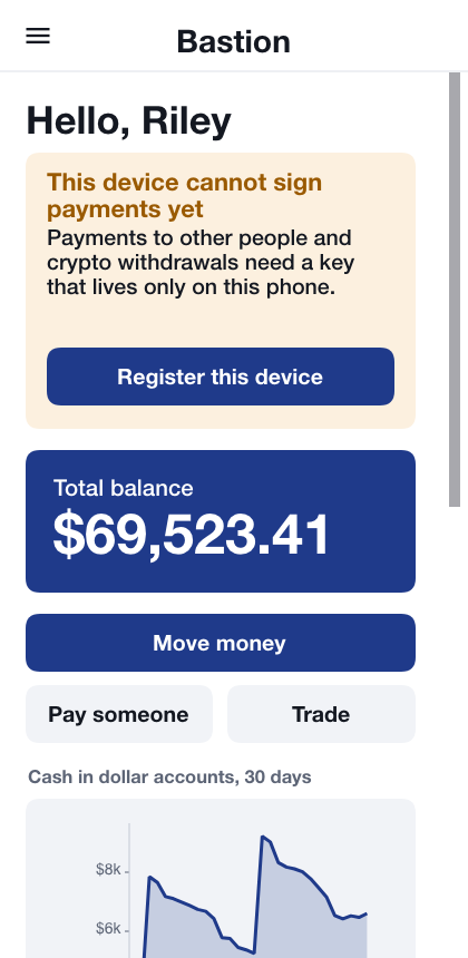 The dashboard with a banner saying this device can’t sign payments yet and a Register this device button