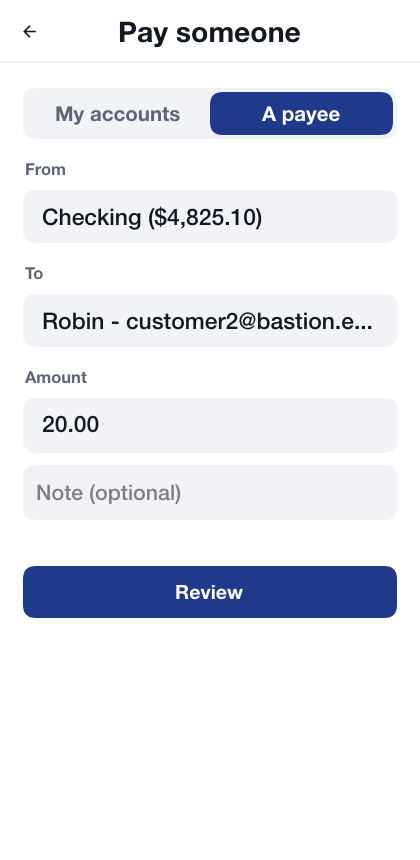 The pay someone form with the account to pay from, the payee, an amount and a Review button